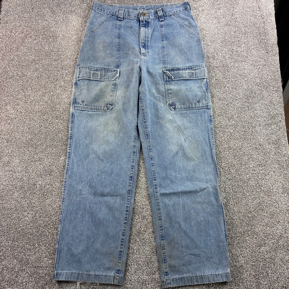 Vintage Lee Dungarees Cargo Jeans Mens 36x34 Blue Cotton Denim Utility Fatigue